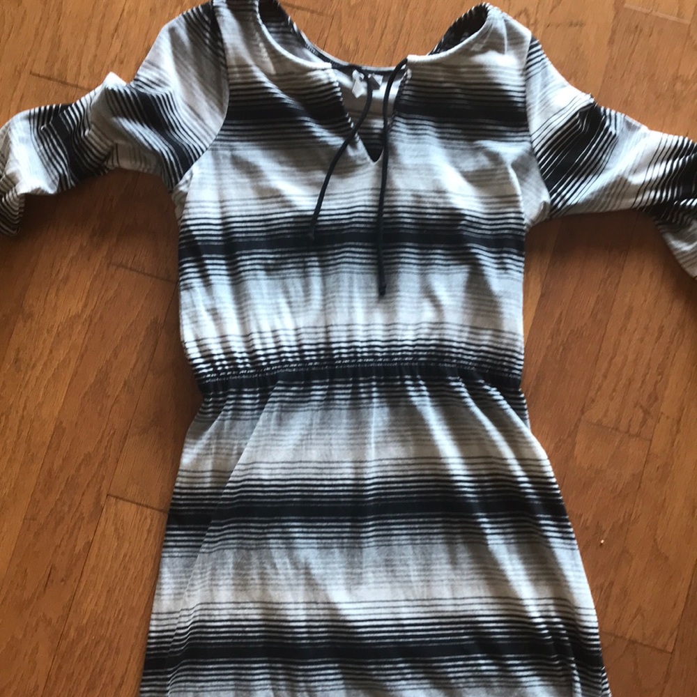 Black white gray striped cotton dress .